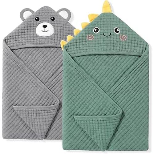 4 PCS Muslin Baby Bath Towels Set, 100% Cotton 2 PCS Animal Hooded Baby Towels 32x32 Inch & 2 PCS Washcloths, Ultra Absorbent & Soft Infant Newborn Essentials Gifts for Boys & Girls, Dinosaur & Bear