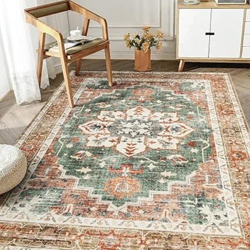 5x7 Green Boho Area Rug Machine Washable, 5' x 7' Carpet Soft Non-Slip Area Rugs with Rubber Backing for Living Room Bedroom Kitchen Bathroom Entryway, Yellow & Green