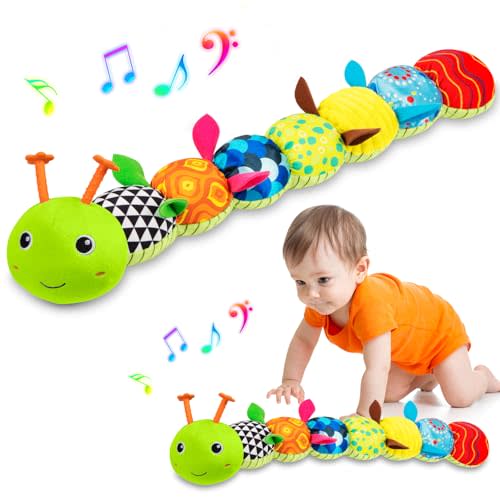 Baby Toys Musical Caterpillar, Infant Stuffed Animal for 0-6 6-12 Months with Crinkle and Rattles, Tummy Time Sensory Toys Newborn Boys Girls Gifts 0 3 6 9 12 Months - Green