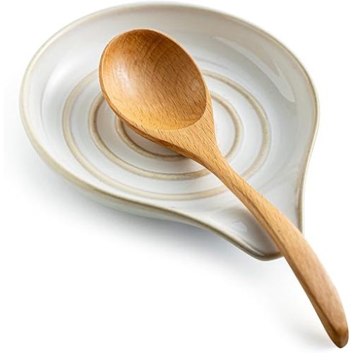 LAUCHUH Spoon Rest for Stove Top, Ceramic Spoon Holder Large Spault Rest for Kitchen Counter Coffee Spoon Holder Cooking Utensil Rest Modern Farmhouse Kitchen Décor, Cream, 5 Inch