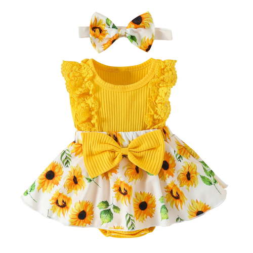 Yindaity Baby Girl Dress Summer Ruffle Sleeve Bowknot Floral Dresses Casual Sundress Yellow,9-12 Months