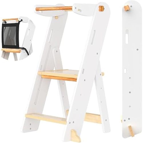 GROWNSY Foldable Toddler Tower, Toddler Kitchen Standing Helper, Kids Learning Tower with 3 Adjustable Heights and Safety Net for Kitchen Bathroom Sink Counter (White)