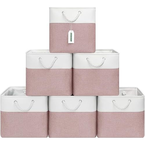 13x13 Inch Cube Storage Bins with Reinforced Bottom Cardboard, 6 Pack Large Collapsible Fabric Storage Cubes with Handles for Shelf, Closet, Toy, Laundry Organization (White&Pink)