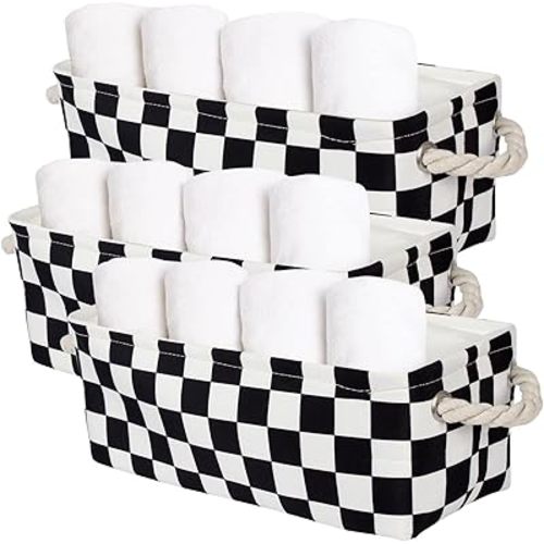 3PC Small Checked Storage Baskets 15x6x5 inch Narrow Toliet Storage Bins with Handles for Papers Closet,Cabinet,Countertop Organizing Small Items (Black)