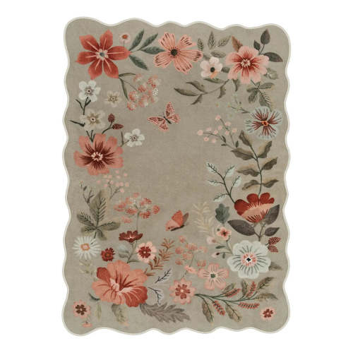 Flore Washable Boho Modern Parisian Floral Scalloped Brown Rug