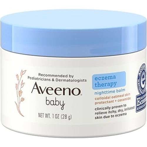 Aveeno Baby Eczema Therapy Nighttime Moisturizing Balm, Colloidal Oatmeal & Ceramide, Soothes & Relieves Dry, Itchy Skin from Eczema, Hypoallergenic, Fragrance-Free, Travel Size, 1 oz