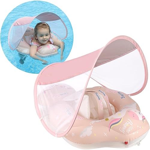 Free Swimming Baby Infant Pool Float with Sun Canopy Inflatable Baby Swimming Floatie with Sponge Safety Bottom Support Water Toys Swimming Trainer (Pink, Large)