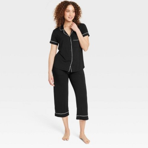 Women's Cloud Knit Short Sleeve Notch Collar Top and Cropped Pants Pajama Set - Auden™, Color: Black, Size: XL