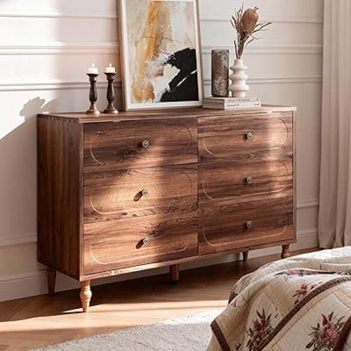 Mid-Century Modern Wood Dresser for Bedroom, 47" Wide 6 Drawer Dresser with Solid Wood Legs, Dark Walnut Chest of Drawers with 6 Storage Drawers for Bedroom, Living Room, TV Stand