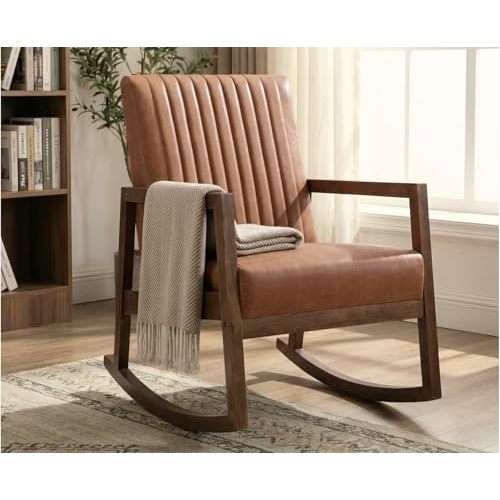 CIMOTA Leather Modern Rocking Chair Mid Century Armchair Upholstered Arm Chair with Padded Seat/Wood Frame, Comfy Rocker for Living Room/Bedroom, Retro Brown PU