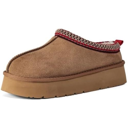 OOW Genuine Suede Platform Slippers for Women with Memory Foam Fuzzy House Shoes for Indoor Outdoor