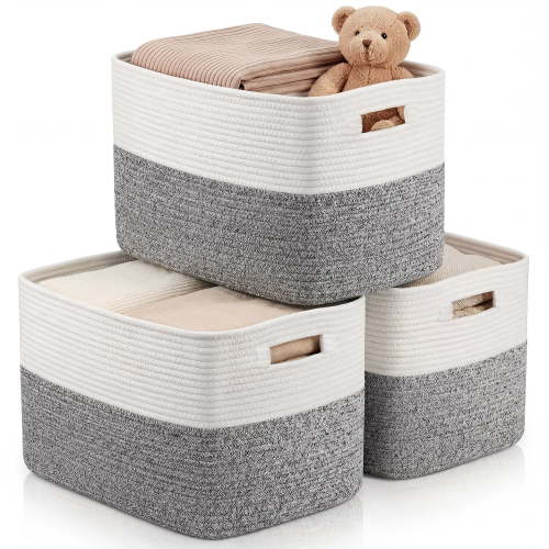 XUEYU 3 Pack Woven Baskets , 11"x11"x9" Cotton Rope Baskets, 18L Blanket Baskets for Storage, Cube Bin Square Shelves Organizer, Toy Basket or Storage Bins for Living Room, Baby Nursery(Gray&White)