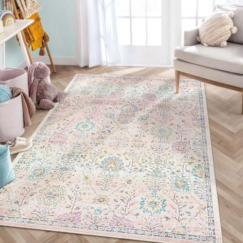 Wonnitar 5'x7' Pink Boho Area Rug,5x7ft Rugs for Bedroom Girls Nursery Area Rugs Soft Floral Playroom Rug, Machine Washable Pastel Rug Non Slip Floor Carpet for Large Living Room Bedroom Carpet