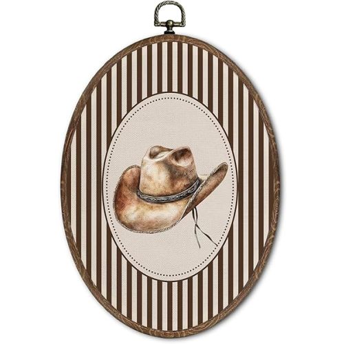 FLAWAFLOMA Western Cowboy Oval Wall Art Decor, Kids Room Canvas Wall Art Framed, Rustic Country Hat Hanging Decorations for Kids Toddler Boy Nursery Room Bedroom Playroom Decor, 8.6x11.4 Inch