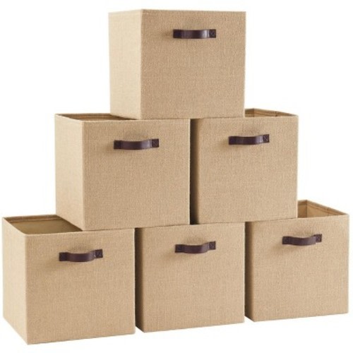 Ornavo Home 6 Pack Jute Fabric Storage Cube Bin with Faux Leather Handles - 10.5 Inch