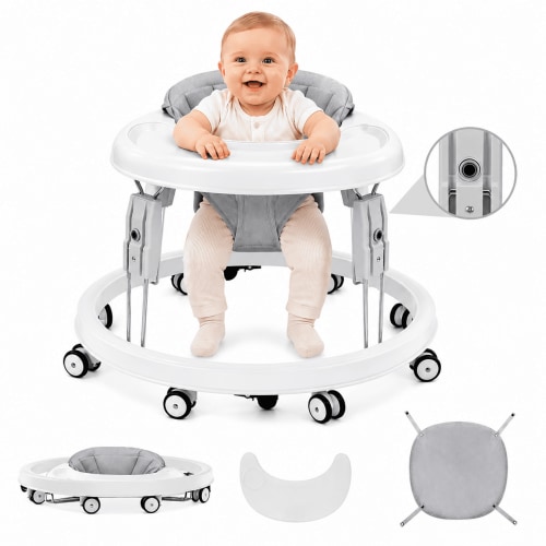PRVAETU Foldable Baby Walker with 360° Wheels, Heights Adjustable,Dining Tray,Anti-Rolling,Foot Pad, 6-18 Months Infant,Grey