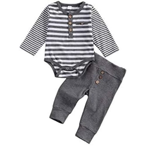 2Pcs/Set Newborn Baby Boys Outfit Long Sleeve Striped Bodysuit Romper Solid Pants Fall Winter Clothes