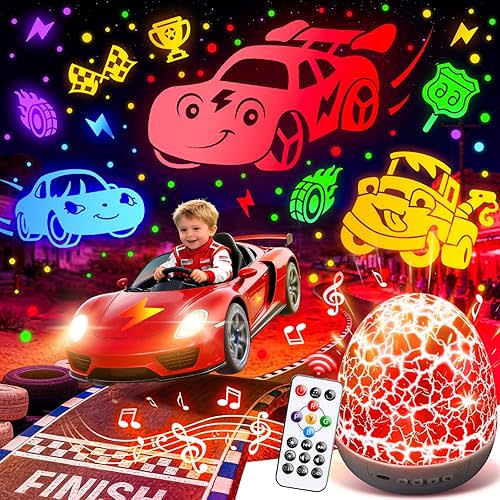 PIKOY Cars Toy Projector, 6 HD Films Kids Night Light, 15 Sounds Egg Light