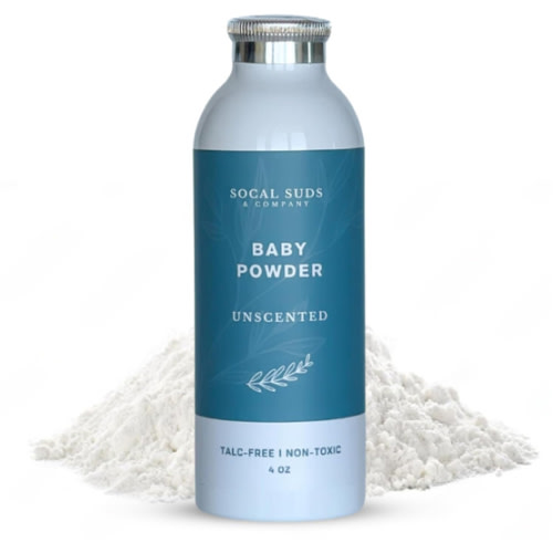 SoCal Suds & Company - Natural Baby Powder Talc-Free - Newborn Essentials with Arrowroot Powder, Kaolin, Aspen Bark Extract for Soft Soothing Protected Skin - Gentle Absorption - Fragrance Free, 4oz