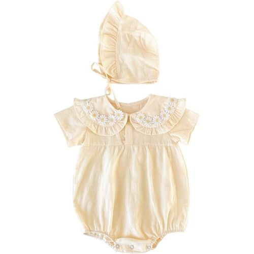 Princess Floral Newborn Baby Girls Bodysuits Cotton Summer Short Sleeve Girls Clothing Cute with Hat
