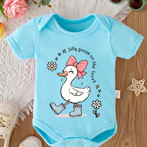 Soft & Comfortable 'Silly Goose on the Loose' Cartoon Print Baby Romper - Light Blue, Casual Style, Perfect for Youngsters & Pregnant Women, Ideal Gift, Youngsters Clothing | Playful Design | Soft Fabri, for Outdoor