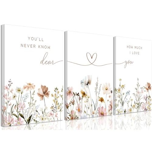 3Pcs Wildflower Nursery Canvas Wall Art Flower Botanical Sentence Poster Painting Picture Wall Decor Boho Girl Nurseries Print Artwork for Nursery Baby Room Living Room Bedroom Home Decoration12x16in