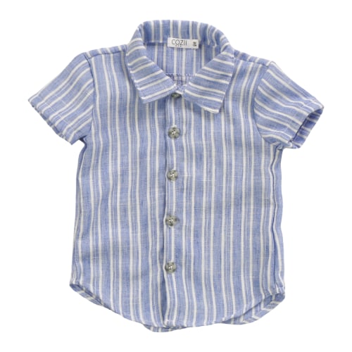 BOYS BLUE WIDE STRIPE SHORT SLEEVE BUTTON SHIRT
