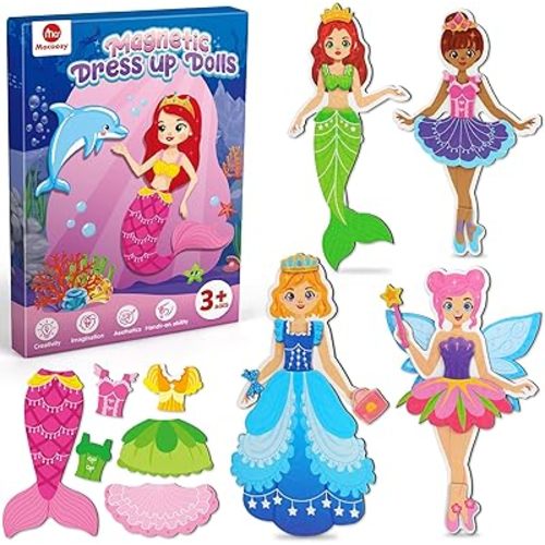 Mocoosy Magnetic Dress Up Dolls for Girls, Princess Mermaid Fairy Ballerina Magnet Dolls Dress Up Kits, Travel Game Car Road Trip Airplane Activity Toys Birthday Gifts for Toddler Girls Ages 3 4 5 6 7