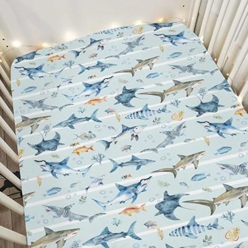 Blue Sharks Baby Crib Sheets for Boy Girl 28"x52" Sea Animals Shark Striped Corals Soft Snug Fitted Crib Mattress Covers Nautical Sharks Baby Sheet for Standard Crib and Toddler Bed Mattress