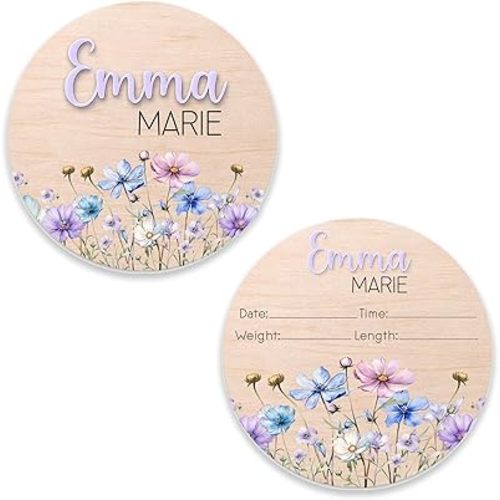 Personalized Wooden Birth Announcement Sign with Raised Acrylic Name – Custom Baby Name Plaque with Wildflowers – Newborn Hospital Photo Prop – 5" to 8" Round Sizes | BS102