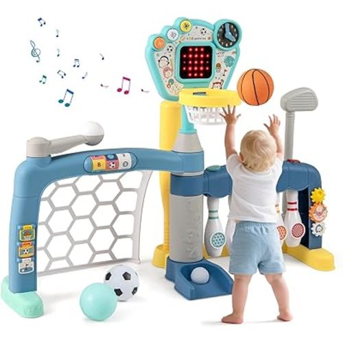 Costzon Toddler Basketball Hoop with Adjustable Height, 5 in 1 Basketball Bowling Baseball Soccer Golf Kids Activity Center, Toddler Sports Toy w/Lights & Sounds, Gift for Baby Boys Girls 18+ Months