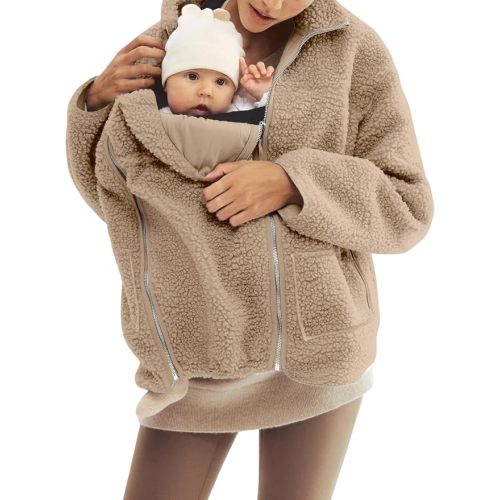 Maternity Baby Wearing Jacket Cozy Baby Carrier Mom Coat Clothing | Chunky Warm Fleece Sherpa Baby Carrier Jacket, Zipper, Side Pockets, Casual Mom Pregancy Kangaroo Maternity Jacket