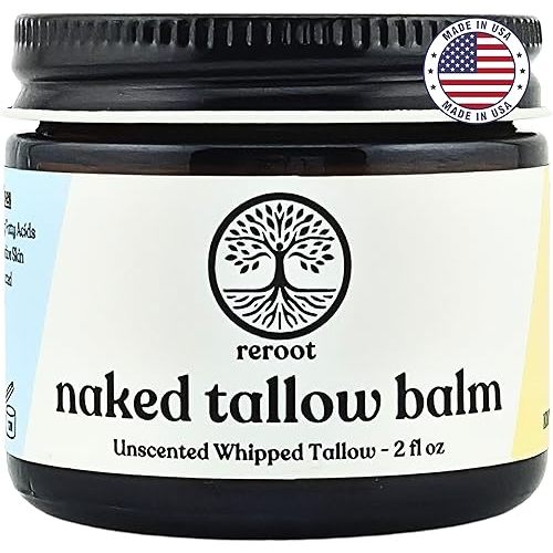 Reroot Organics Beef Tallow Balm for Skin | NAKED TALLOW BALM | 1 Ingredient - 100% Grass Fed Grass Finished Tallow | Whole Body & Face Moisturizer | Whipped | Dry Skin, Eczema, Rosacea, (2oz)