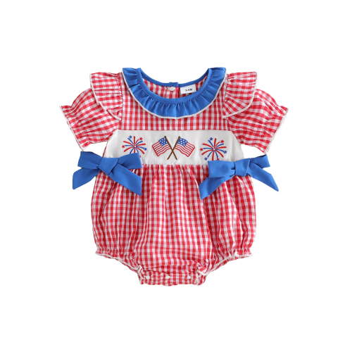 BemeyourBBs Newborn Baby Girl 4th of July Outfit Patriot Independence Day Clothes Summer Gingham Bubble Romper Flag Firework Embroidery Short Sleeve Plaid Bodysuit Playsuit Baby Fourth of July Outfit
