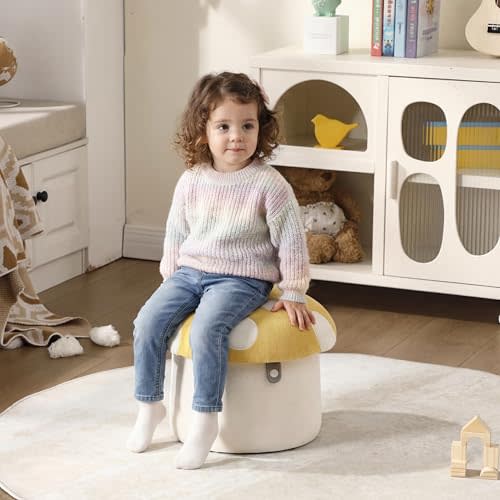 Kids Mushroom Storage Ottoman, Cute Kids Desk Chairs, Mushroom Armchair, Children Round Storage Ottomans, Small Multi-Purpose Footstool for Playroom & Bedroom, Yellow Mushroom