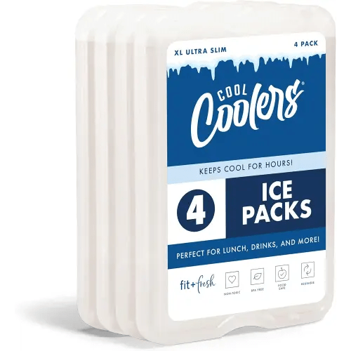 Cool Coolers by Fit & Fresh 4 Pack XL Slim Ice Packs, Quick Freeze Space Saving Reusable Ice Packs for Lunch Boxes or Coolers
