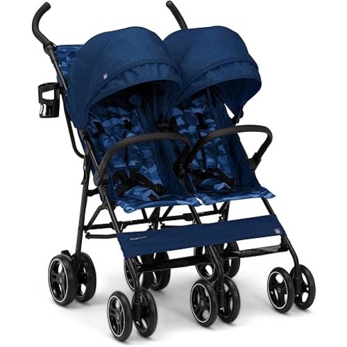 GAP babyGap Classic Side-by-Side Double Stroller - Lightweight Double Stroller with Recline, Extendable Sun Visors & Compact Fold - Navy Camo