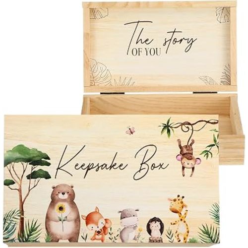 CroBlissful Wooden Baby Memories Keepsake Box with Safari Jungle Animals Boys or Girls Memory Photos First Year Treasure Storage Box Gift for Newborn Parents Baptismal Baby Shower Birthday Organizer