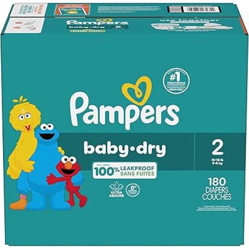 Pampers Baby Dry Diapers, Size 2, Absorbent Disposable Diapers, 1 Pack (Count of 180)