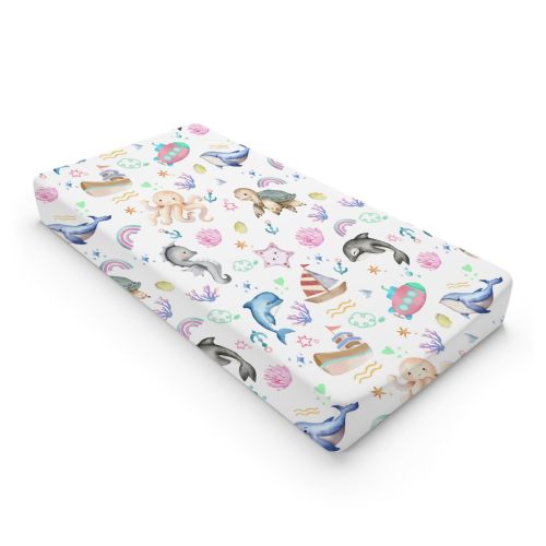Colorful Sea Animals Baby Changing Pad Covers For Boys & Girls 32x16 Ocean Whale Dolphin Turtle Sea Horse Corals Unisex Fitted Changing Pad Sheets Nautical Life Soft Diaper Change Table Mats