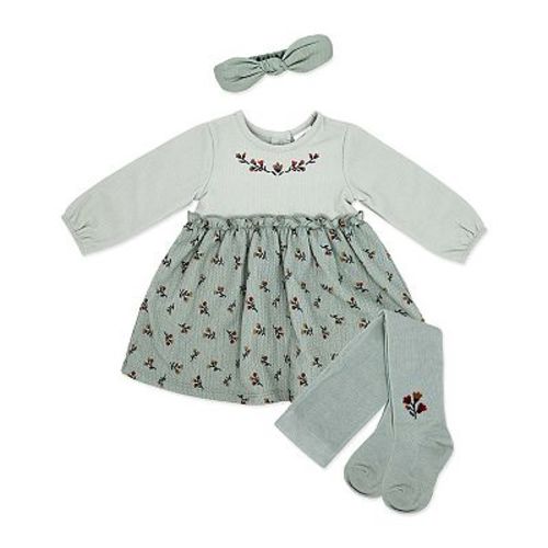Baby Girls 3 Piece Medium Weight Crinkle-Look Dress, Tights, and Headband Set