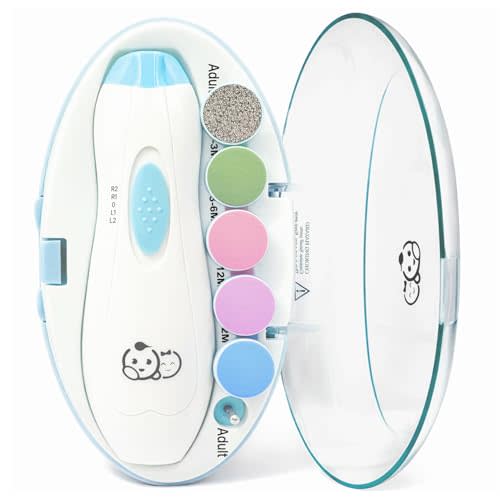 Royal Angels Upgraded 6 in 1 Baby Nail Trimmer with Labeled Case, 4 Colored Pads for Newborns to Toddlers, Whisper Quiet Electric Nail File with LED Light, Safe Manicure Set for Families (Babyblue)