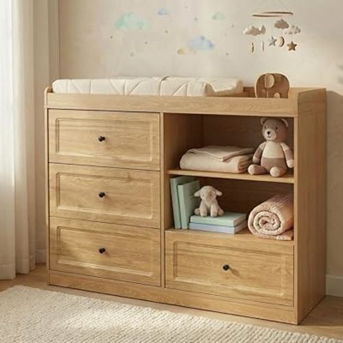 Baby Changing Table Dresser, Nursery Dresser with Changing Table Top, Multi-Fuctional Furniture for Nursery with 4 Drawers & Adjustable Shlef, Baby Diaper Changing Station, Natural Wood