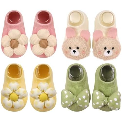 4 Pairs Baby Girl Socks,Flower Non Slip Socks for Newborn Preemie Infant Cute Princess Dress Ankle Sock