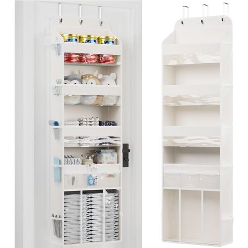 OneDream Over the Door Organizer for Nursery, 5-Tier Baby Clothes Organizer with Removable Storage Caddy, Hanging Behind Door Storage with Clear Pockets and Side Mesh Compartments, Grey