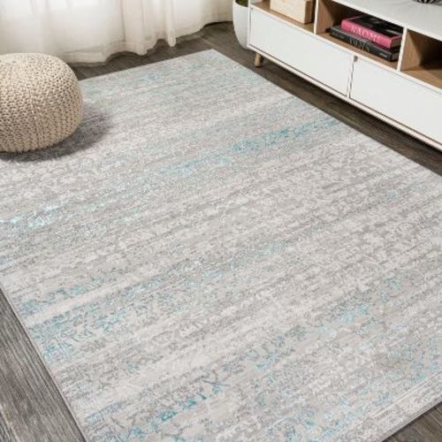 JONATHAN Y Tidal Modern Strie' Gray/Turquoise 8 ft. x 10 ft. Area Rug, Non-Shedding, Easy-Clean, Durable Synthetic Fibers