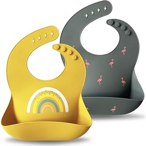 Moonkie Silicone Baby Bibs Set of 2, BPA Free Waterproof Baby Bibs for Eating, Soft Adjustable Silicone Bibs for Babies 6-12 Months, Toddler Bibs with Large Pocket Food Catcher (Dark Grey/Kodak)