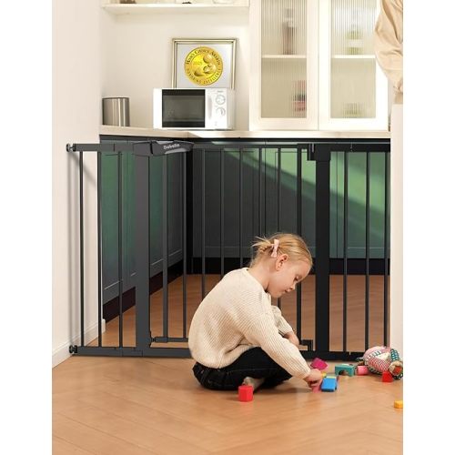Babelio Metal Auto Close Baby Gate PressGuard P7, 29-48" Wide 30" Tall Extra Wide Pet Gate for The House and Doorways, Pressure Mounted Walk Thru Child Gate with Door, Black
