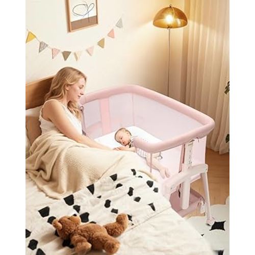 3 in 1 Baby Bassinet with Wheels, Bedside Bassinet Sleeper for Newborn, Portable Baby Crib with 7 Adjustable Height & Large Storage Basket & Full-Mesh, Easy Folding Baby Bed for Infant (Pink)