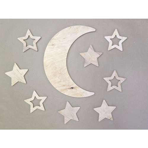 Set of Wooden Wall Stars and Big Moon maded from Plywood, Nursery Wall Decor set, Moon wall decor with Stars, Wall hanging with moon